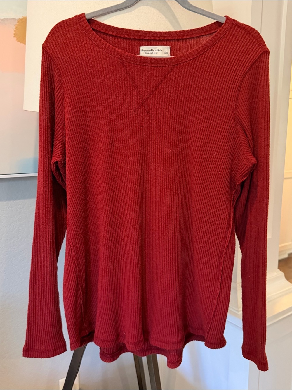Abercrombie & Fitch Women's Ribbed Long-Sleeve Top in Burgundy